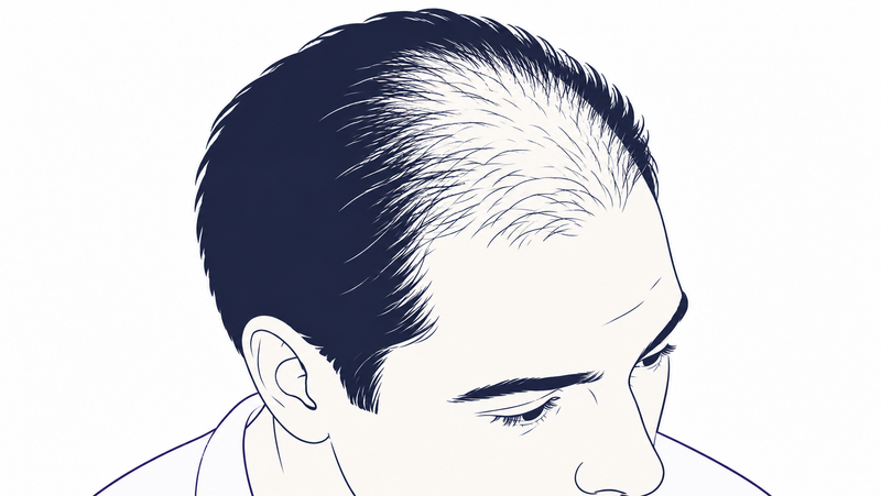 Close-up line illustration of thinning hair on top of a man's head with the scalp showing through