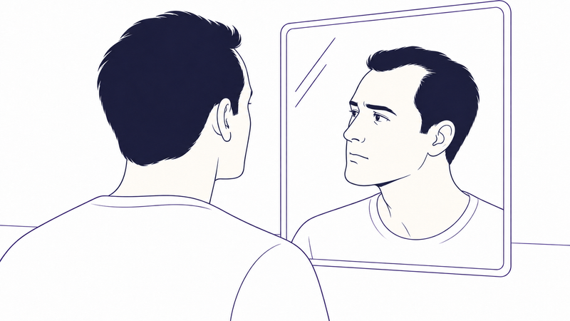 Line illustration of a man checking his receding hairline in a bathroom mirror