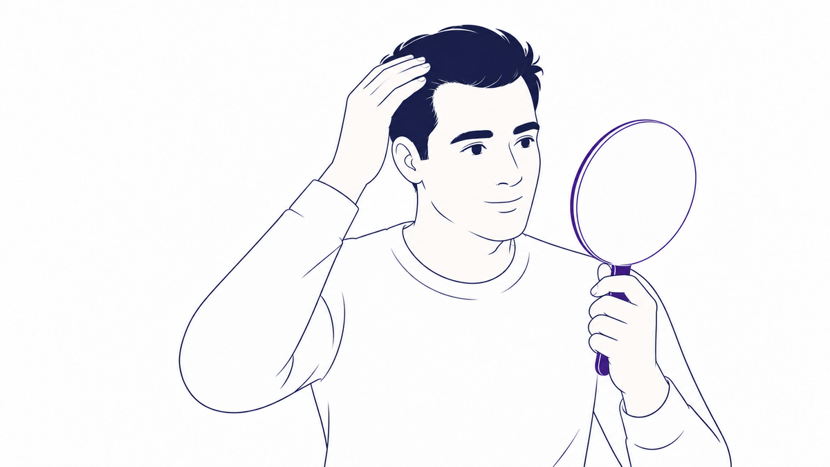Line illustration of a smiling man running a hand through his hair while holding a hand mirror
