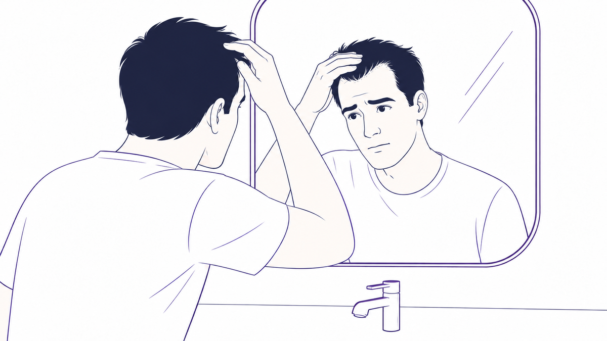 Line illustration of a man lifting his fringe to inspect his hairline in a bathroom mirror