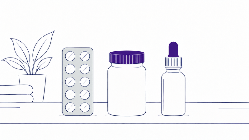 Line illustration of a tablet blister pack, a medicine jar and a dropper bottle on a bathroom shelf