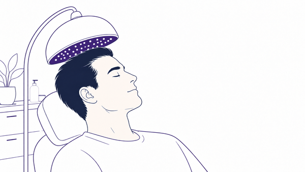 Line illustration of a man reclining in a clinic chair under a low-level laser therapy hood