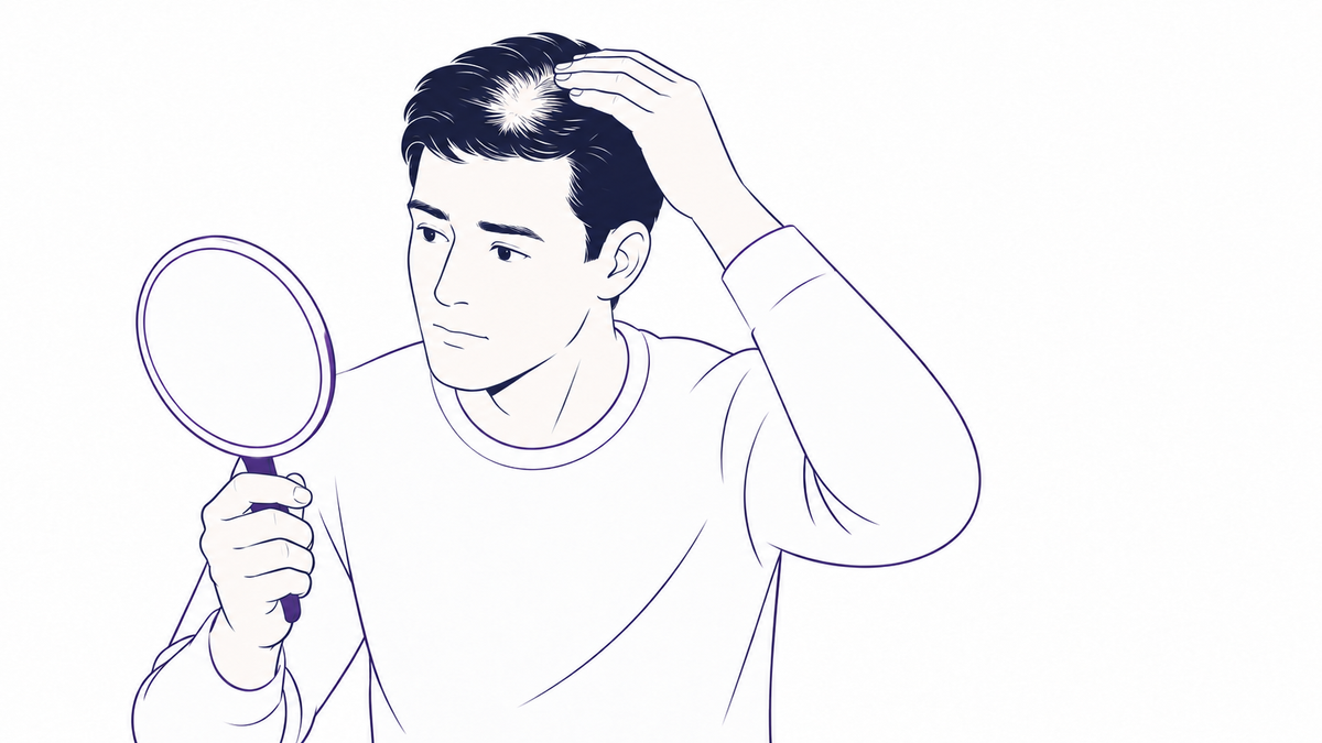 Line illustration of a man parting his hair to check a thinning crown in a hand mirror