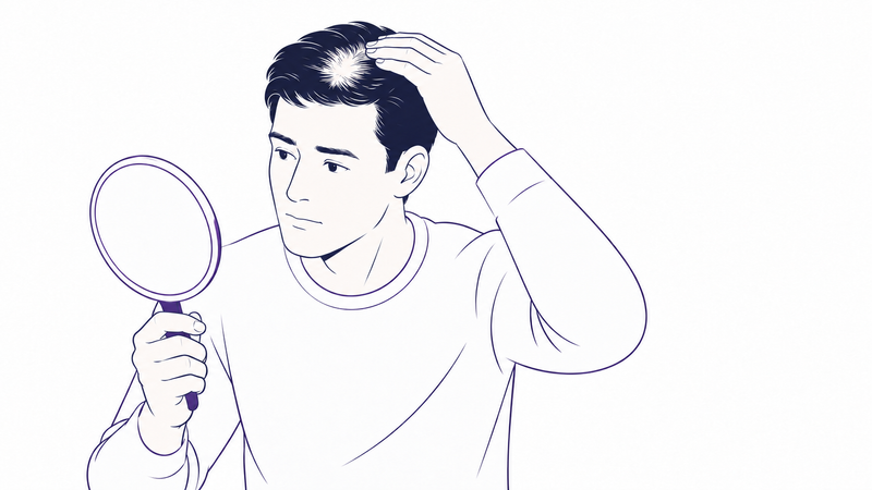 Line illustration of a man parting his hair to check a thinning crown in a hand mirror