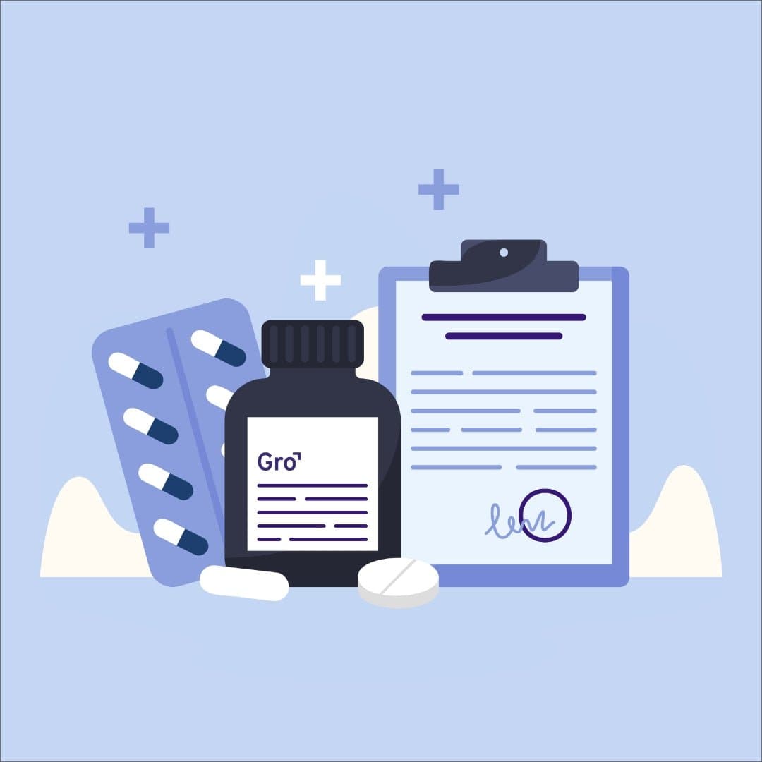 Illustration of a medical theme featuring a clipboard with a document, a prescription pill bottle labeled "Combo Plan - 3 Month Supply," a blister pack of tablets, and loose pills. The background is light blue with subtle medical symbols. The brand name “My Store” is prominently displayed on the pill bottle.