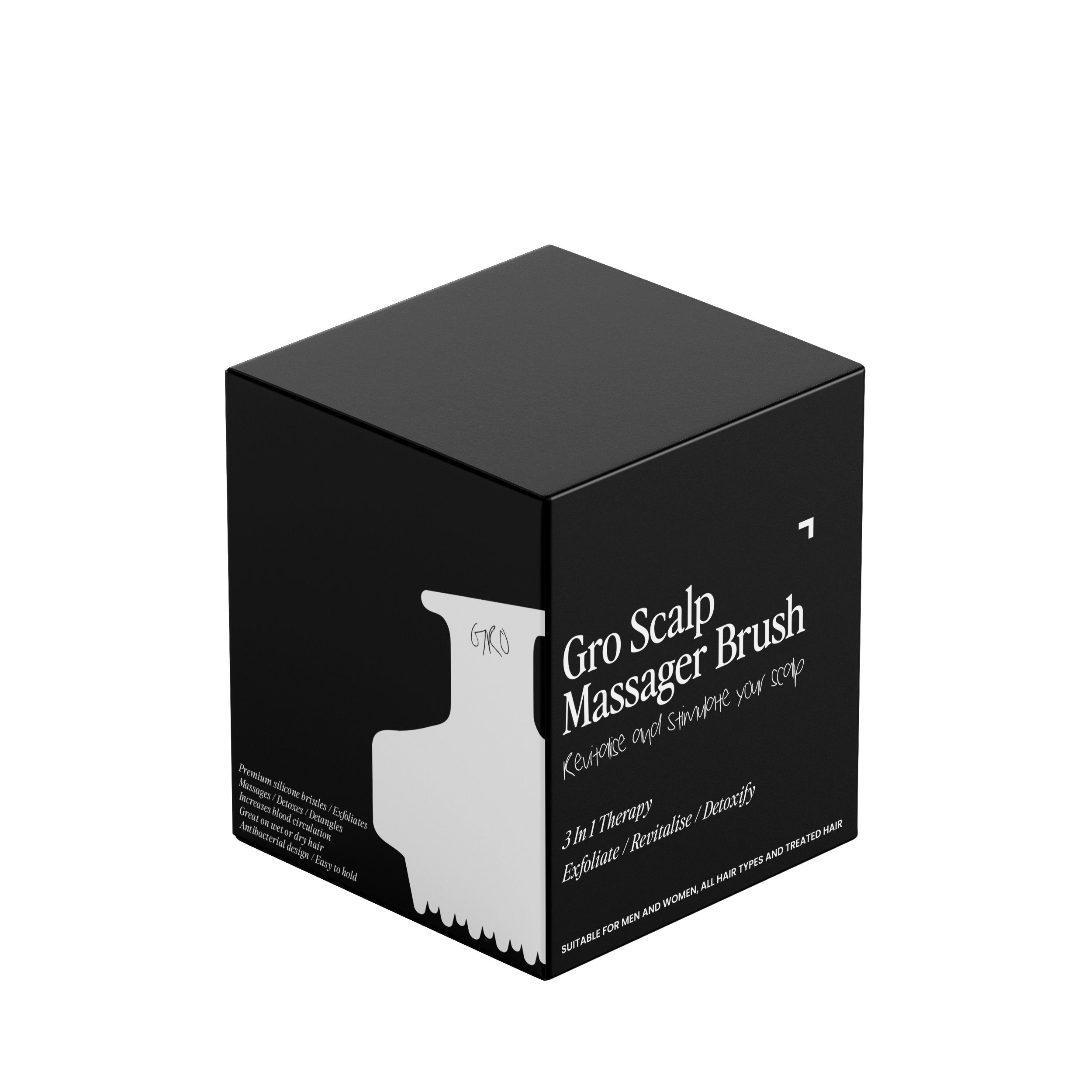 A black box with white text displaying "Gro Scalp Massager Brush" and related details from Gro Clinics. The box features an image of the brush, asserting its benefits for hair care as it exfoliates and stimulates the scalp, improves relaxation, and promotes detoxification.